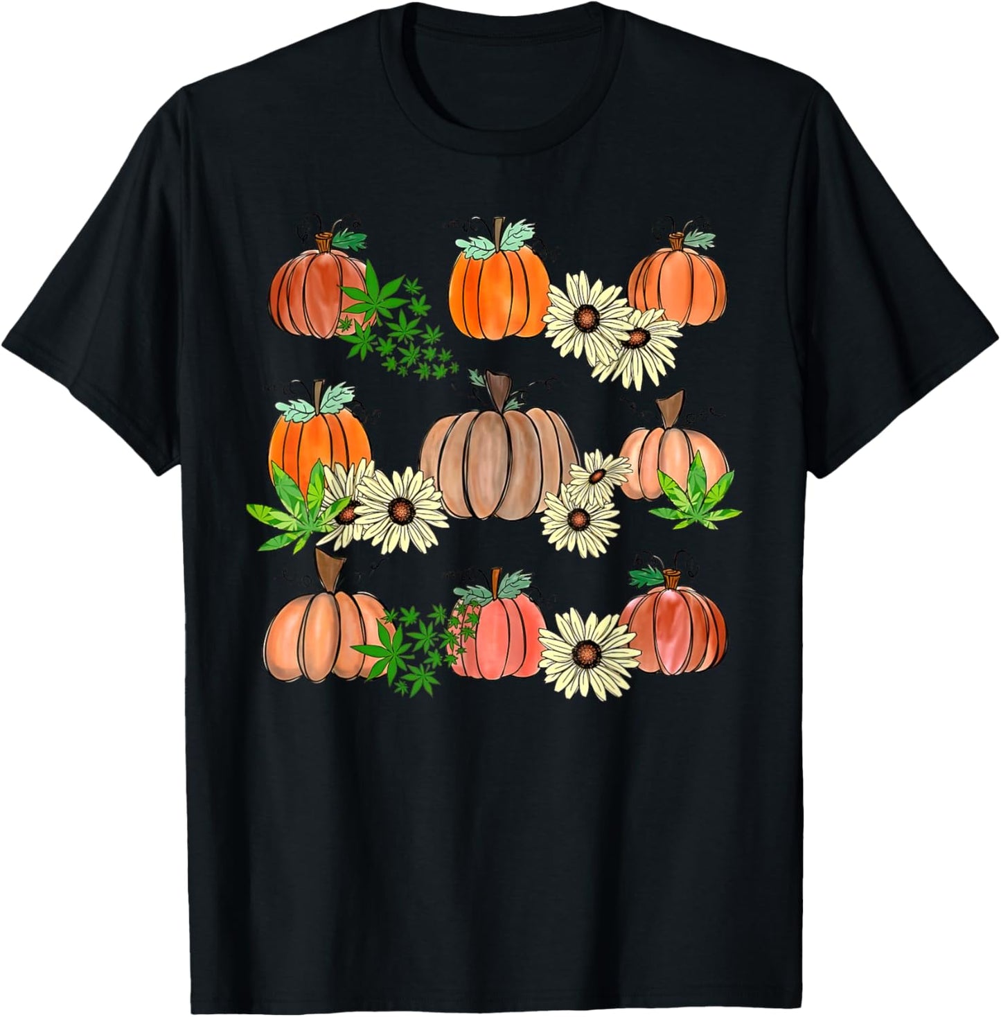 Fall Weed Leaf Pumpkin Flower Marijuana Autumn Thanksgiving T-Shirt - T-Shirt | Black