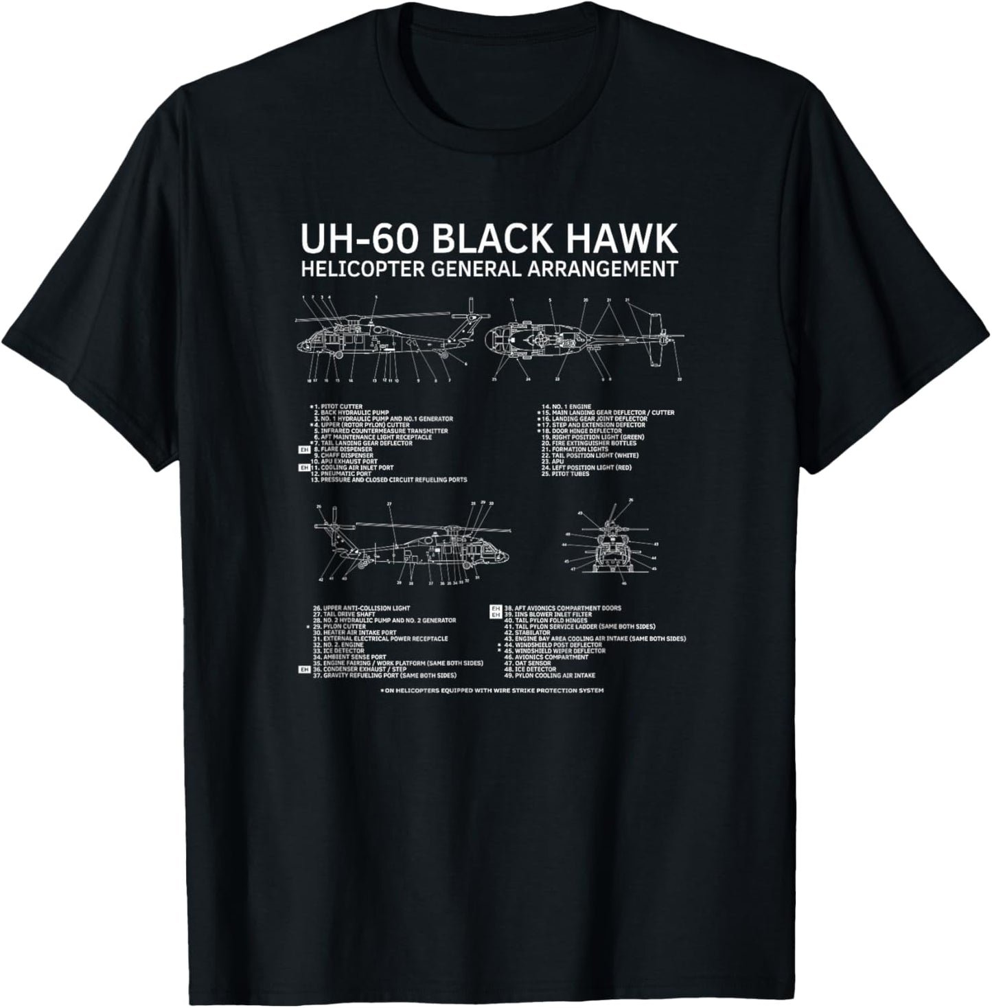 UH-60 Black Hawk Military Helicopter Diagram Infographic T-Shirt - T-Shirt | Black