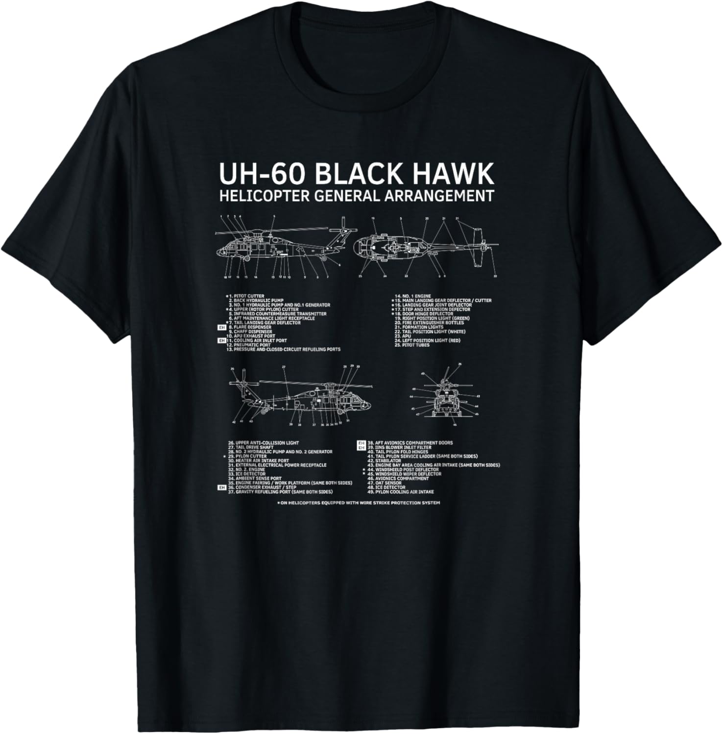 UH-60 Black Hawk Military Helicopter Diagram Infographic T-Shirt - T-Shirt | Black