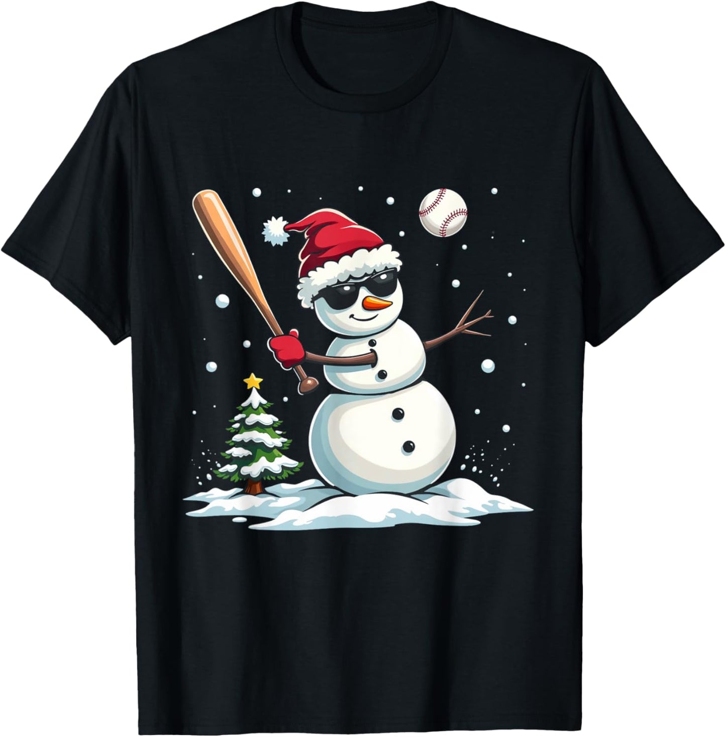 Baseball Christmas Funny Snowman Playing Baseball Xmas T-Shirt - T-Shirt | Black