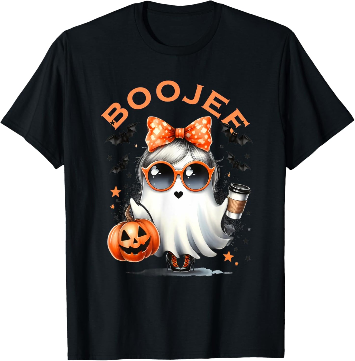 Boo JEE Ghost with Coffee Coquette Bow Halloween Women Girl T-Shirt - T-Shirt | Black