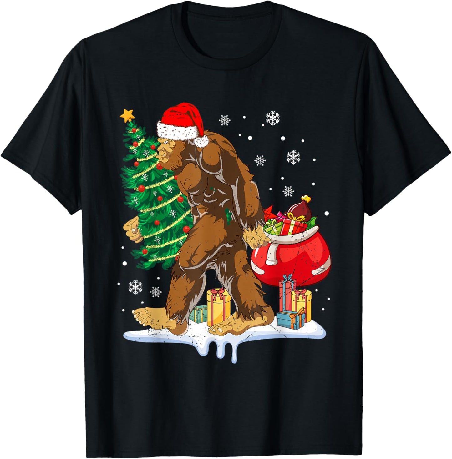 Bigfoot Christmas Tree Lights Xmas Sasquatch Lovers Boys Men T-Shirt - T-Shirt | Black