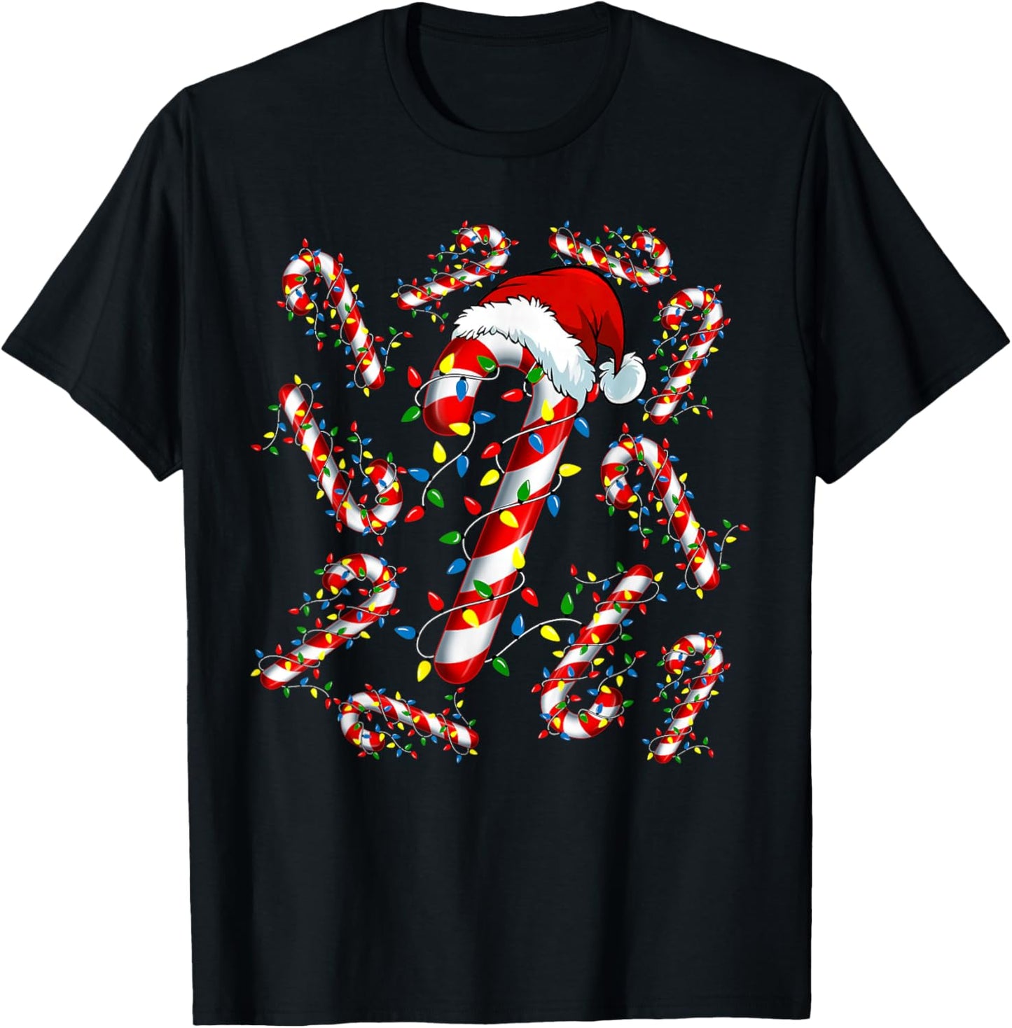 Red and White Candy Cane Santa Funny Christmas Xmas Lights T-Shirt - T-Shirt | Black