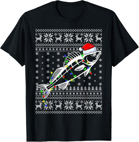 Ugly Sweater Xmas Lights Santa Hat Walleye Fish Christmas T-Shirt - T-Shirt | Black