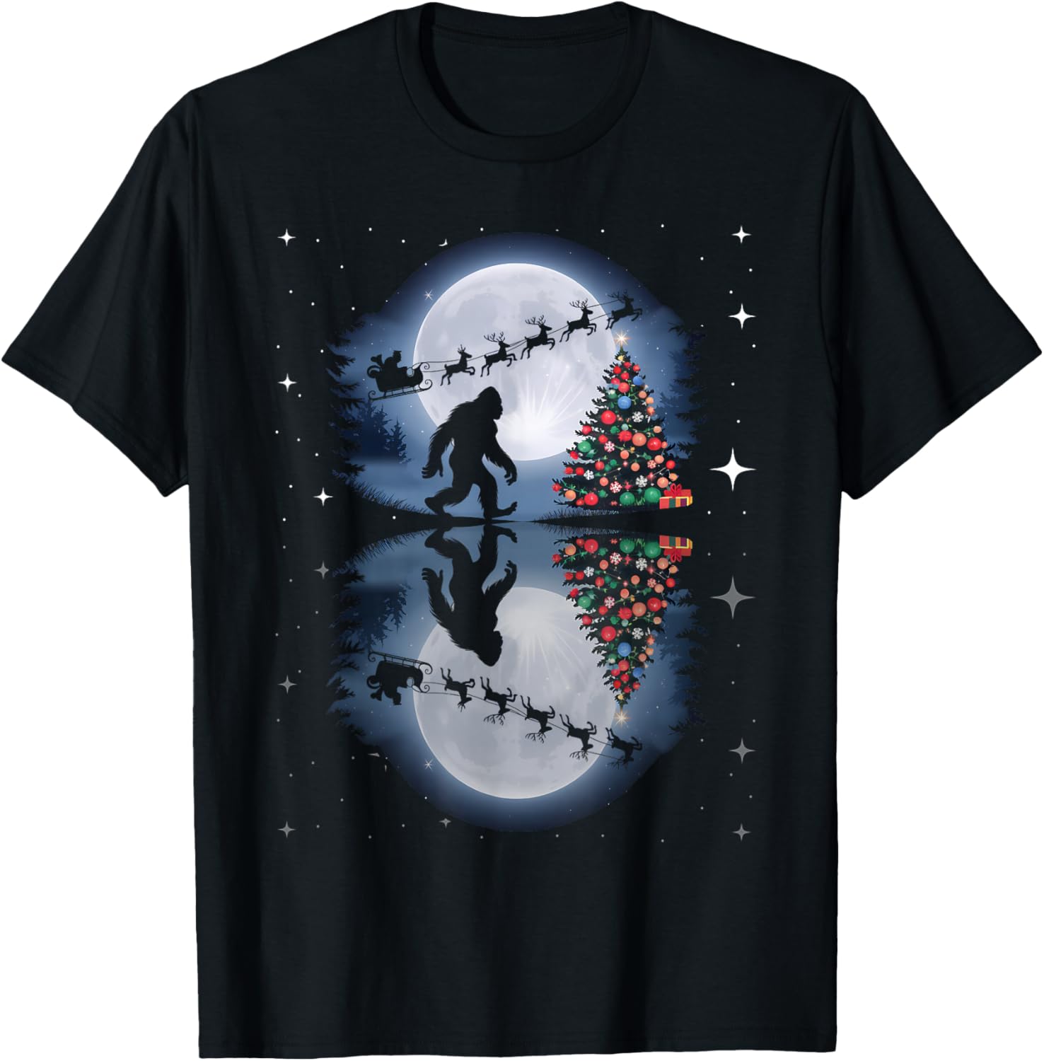 Funny Bigfoot Christmas Santa Sleigh Reindeer T-Shirt - T-Shirt | Black