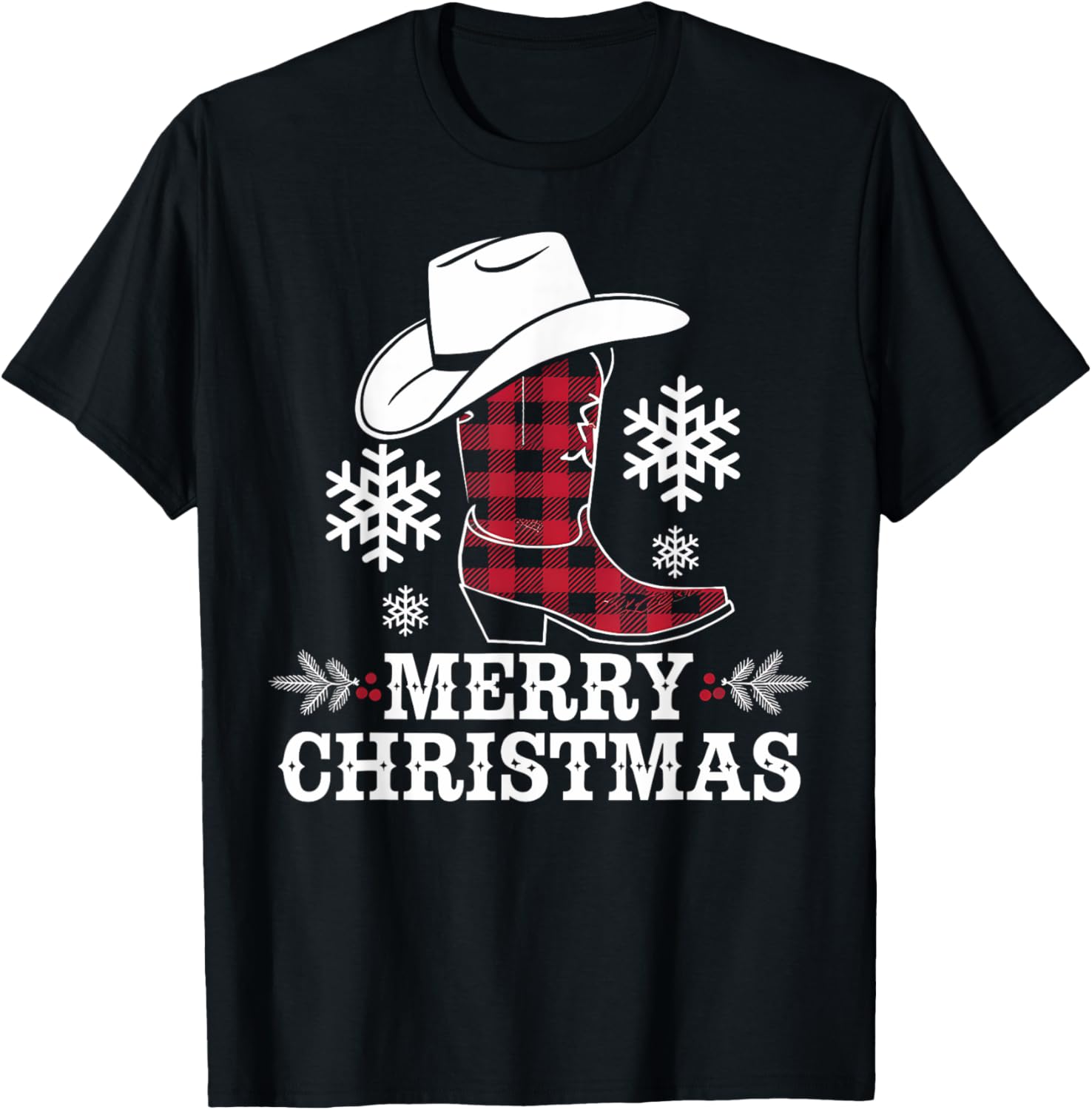 Christmas Cowboy Boot Plaid Xmas Western Country Cowgirl T-Shirt - T-Shirt | Black