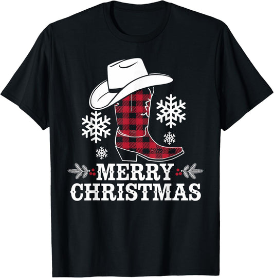 Christmas Cowboy Boot Plaid Xmas Western Country Cowgirl T-Shirt - T-Shirt | Black
