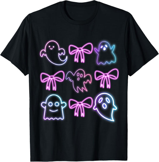 Cute Boo Ghost Spooky Season Glow In Halloween Night Bow T-Shirt - T-Shirt | Black