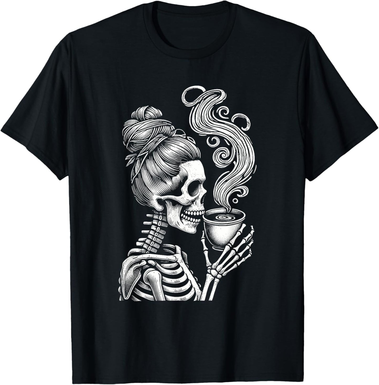 Messy Bun Skeleton Drinking Coffee Funny Halloween Costume T-Shirt - T-Shirt | Black