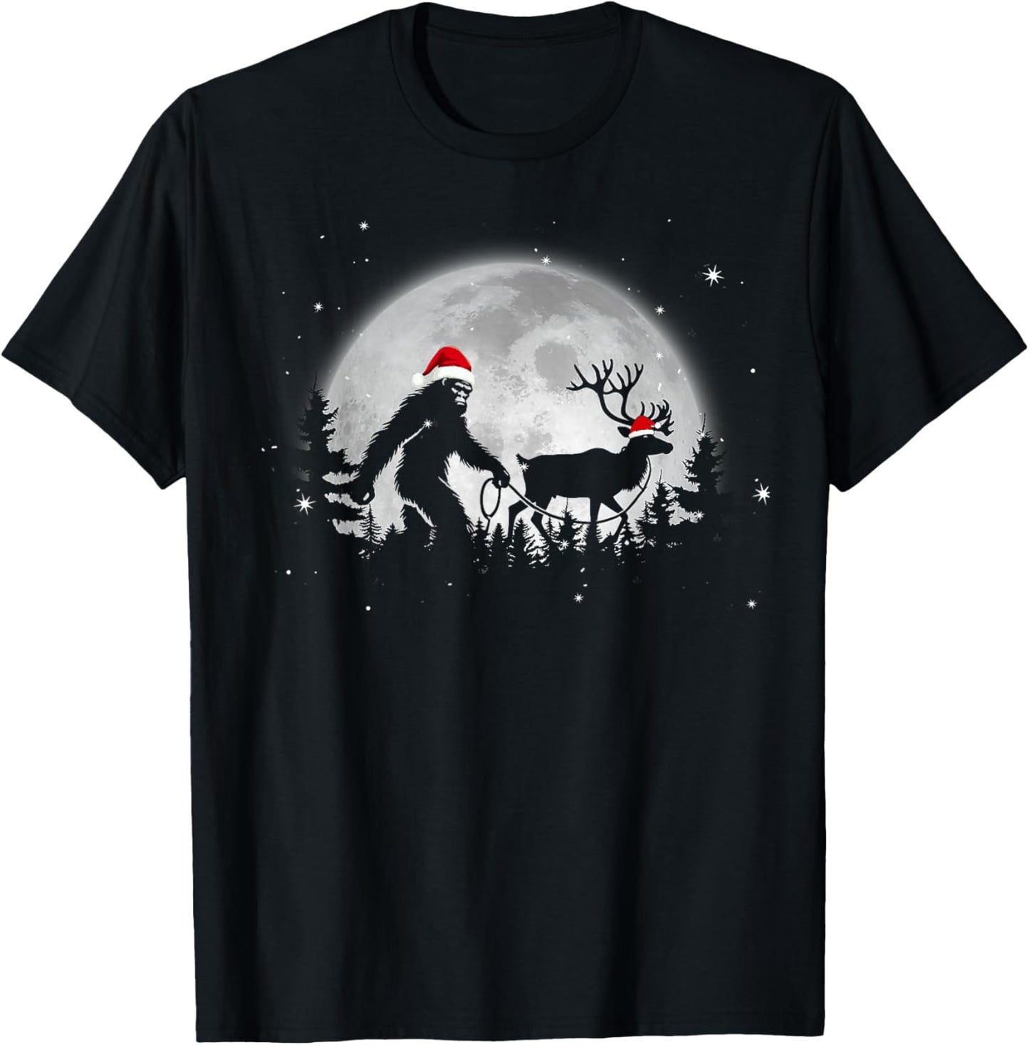 Funny Bigfoot Walking Reindeer Full Moon Christmas Sasquatch T-Shirt - T-Shirt | Black