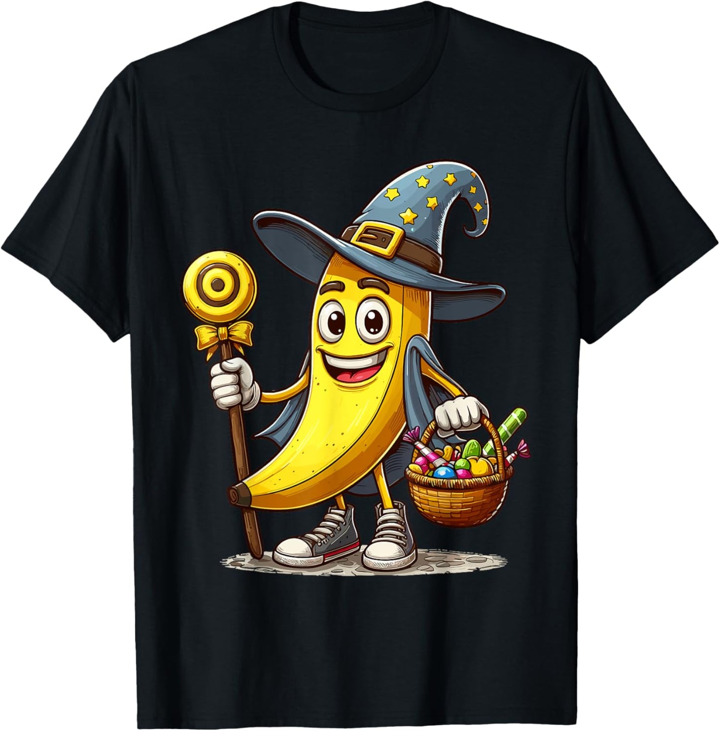 Funny Banana Witch Halloween Hat Holding Candy Halloween T-Shirt - T-Shirt | Black