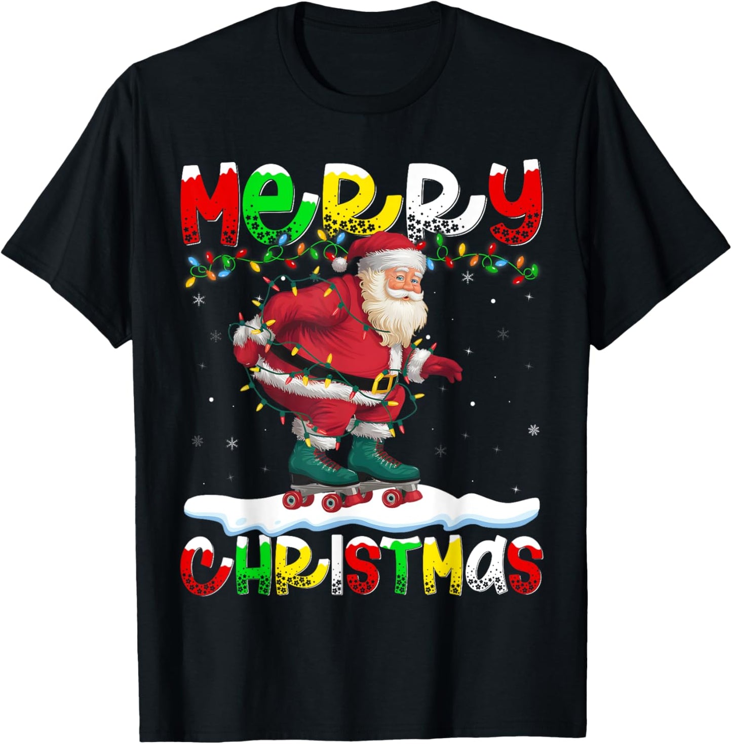 Xmas Lighting Roller Skating Santa Merry Christmas T-Shirt - T-Shirt | Black