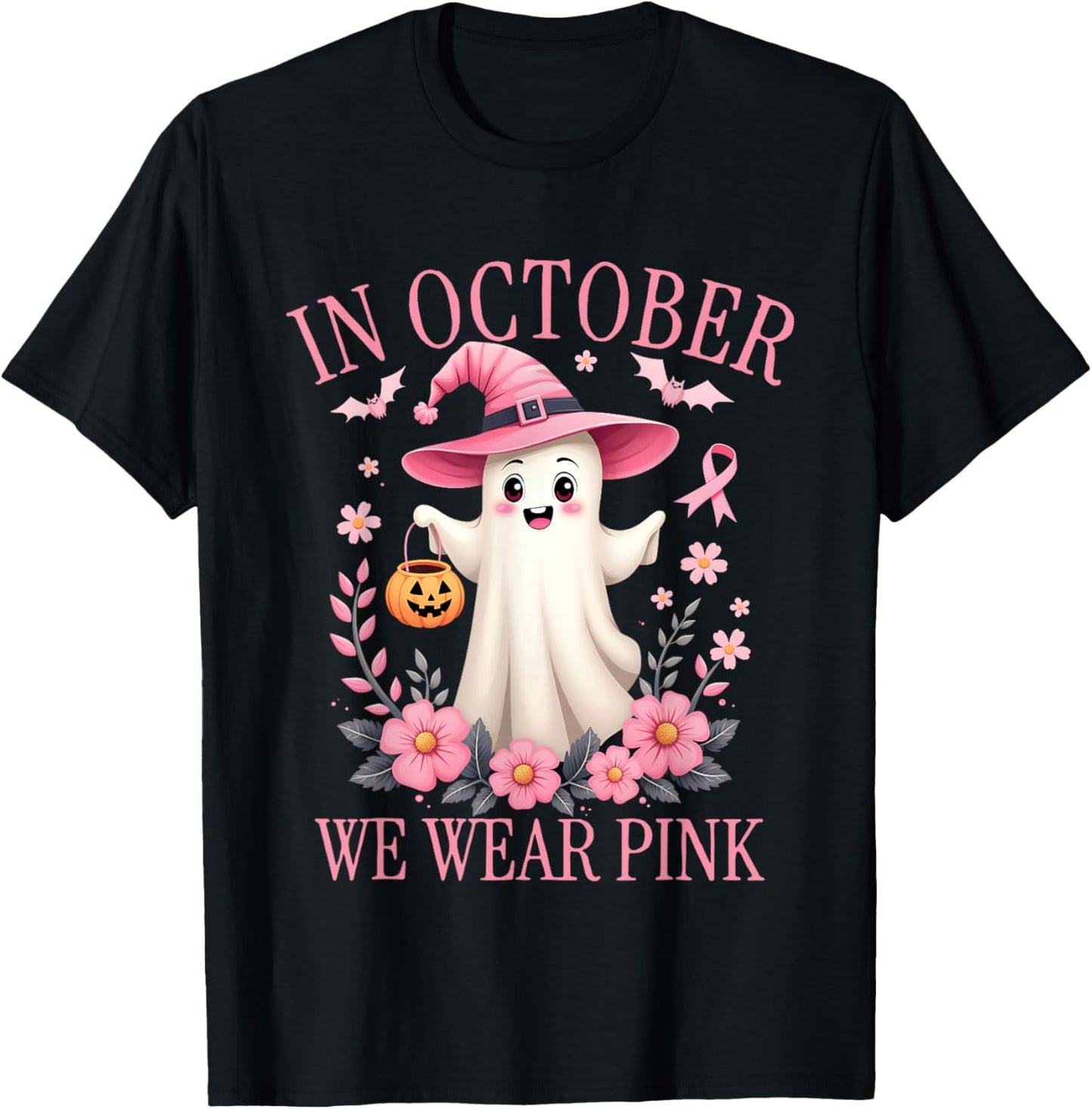 In October We Wear Pink Breast Cancer Awareness Halloween T-Shirt - T-Shirt | Black