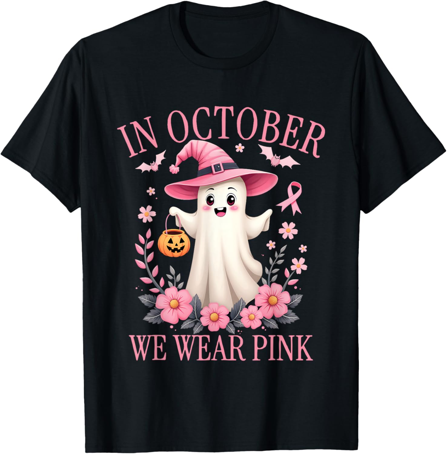 In October We Wear Pink Breast Cancer Awareness Halloween T-Shirt - T-Shirt | Black