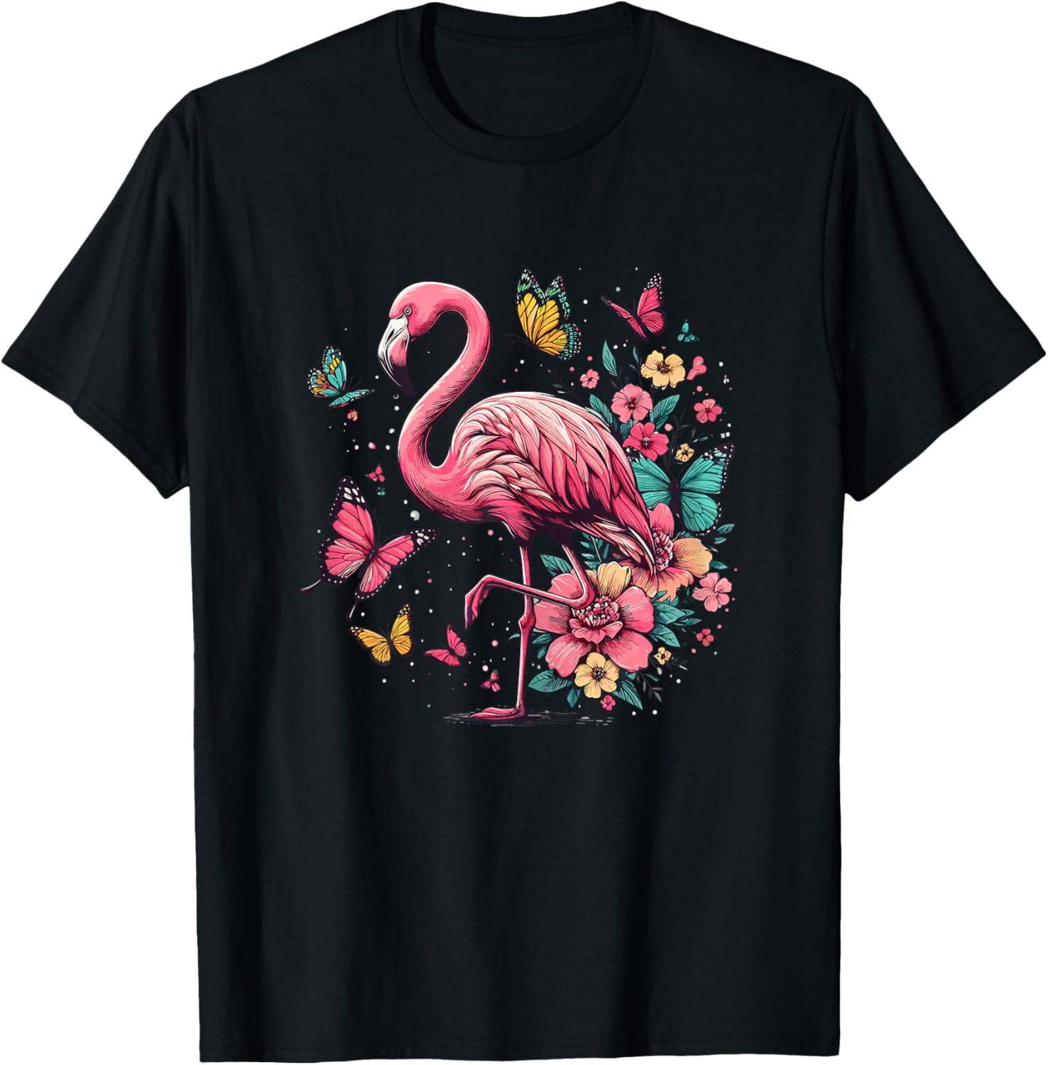 Nature Pink Flowers Flamingo T-Shirt - T-Shirt | Black