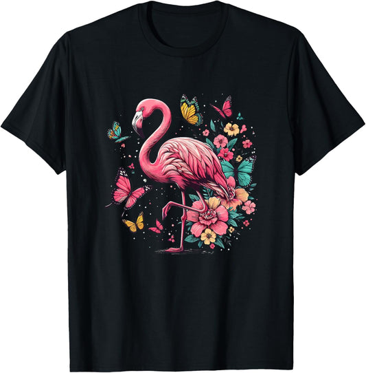 Nature Pink Flowers Flamingo T-Shirt - T-Shirt | Black
