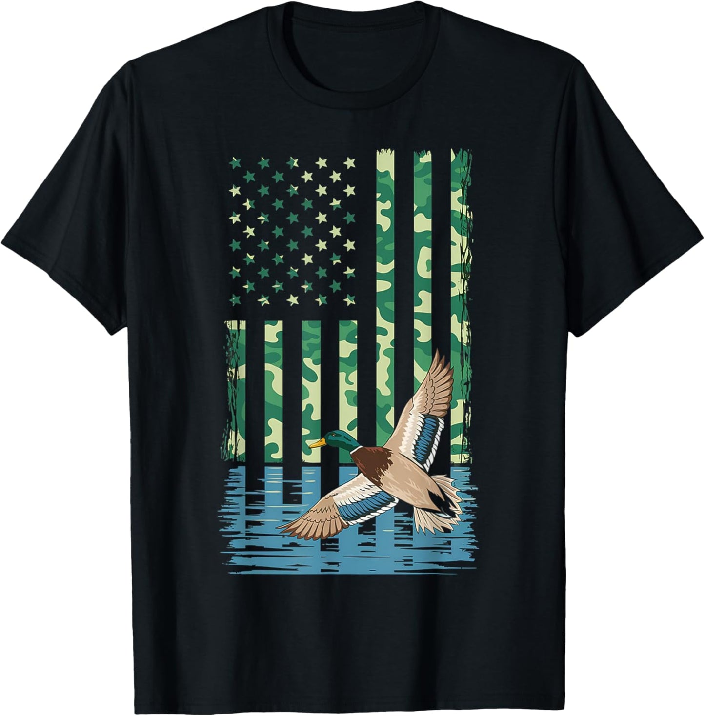 Duck Hunting Shirt Camo American Flag Hunting Gifts Men Boys T-Shirt - T-Shirt | Black