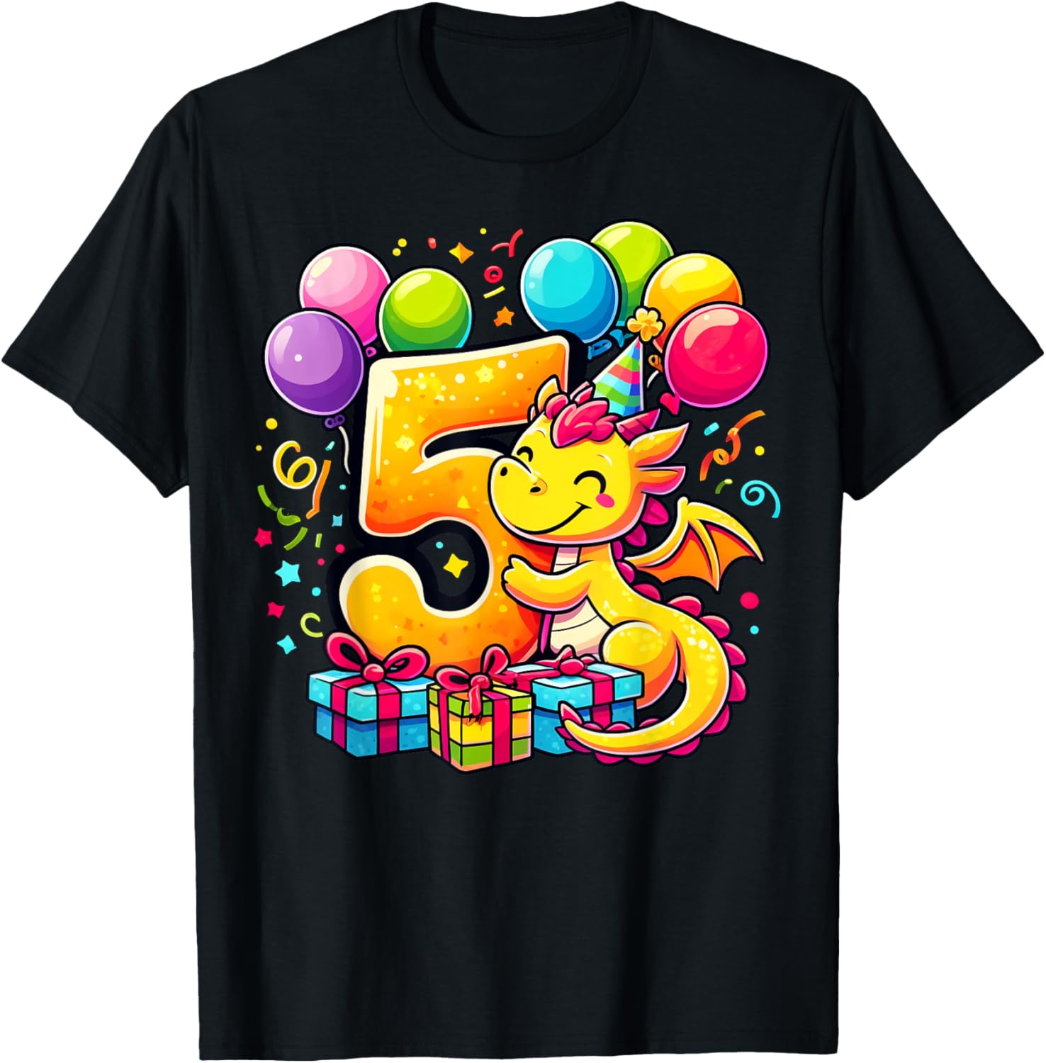 Bday fifth Boys, Girls, Kids age five 5th birthday Dragon T-Shirt - T-Shirt | Black
