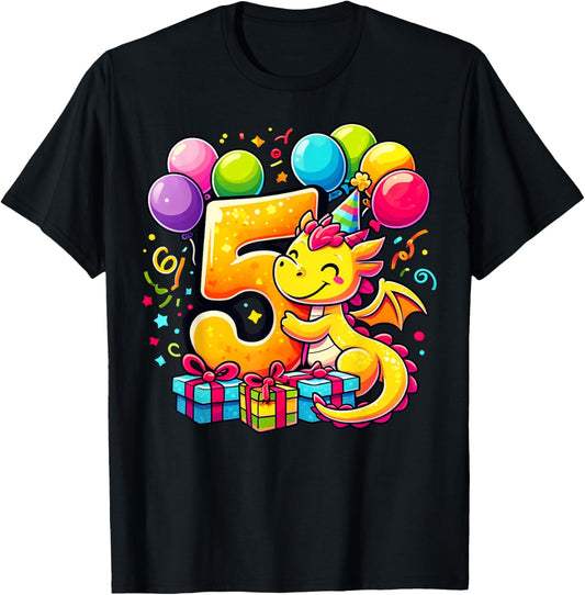 Bday fifth Boys, Girls, Kids age five 5th birthday Dragon T-Shirt - T-Shirt | Black