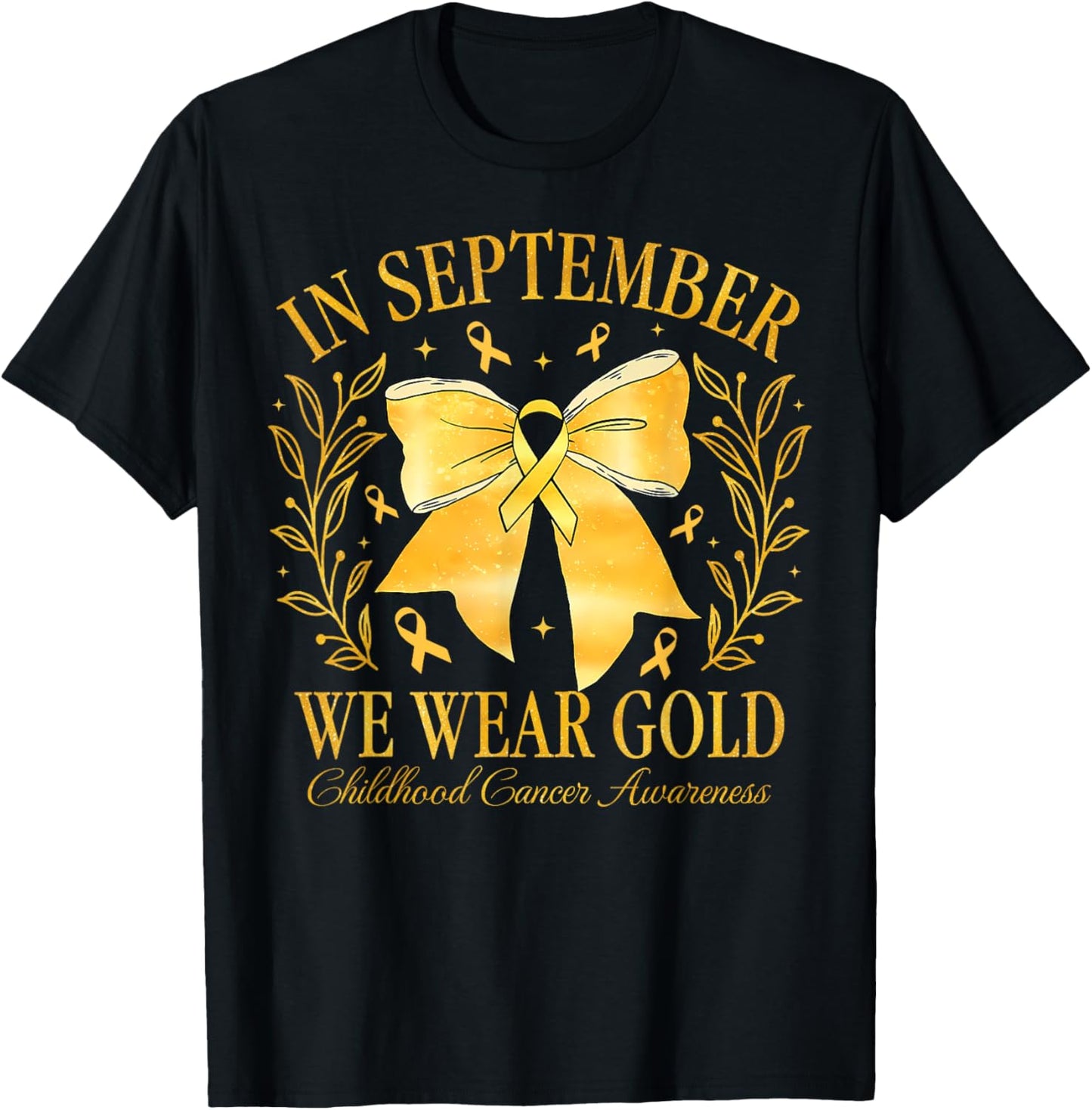 Childhood Cancer Awareness Month Gold Ribbon Coquette Bow T-Shirt - T-Shirt | Black