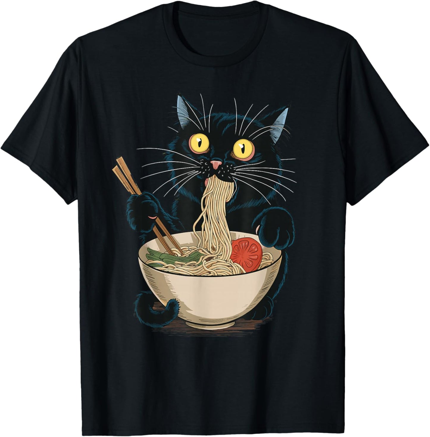 Funny Japanese Cat Eating Ramen Vintage Japanese Noodles T-Shirt - T-Shirt | Black