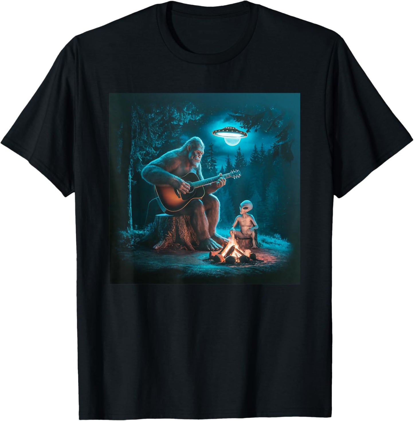 Bigfoot Alien Sasquatch Campfire UFO Music Night Scene T-Shirt - T-Shirt | Black