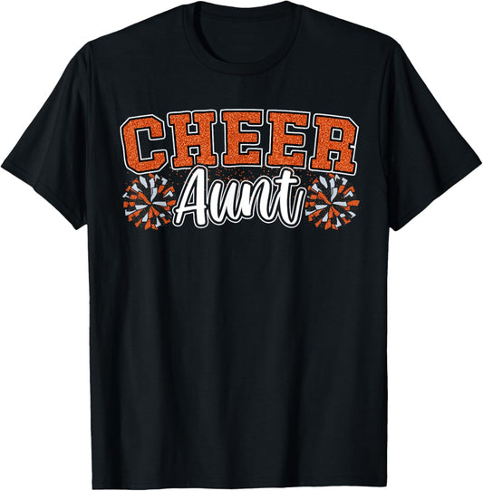 Loud Proud Cheer Aunt Team Orange Pom Poms Cheerleader Women T-Shirt - T-Shirt | Black