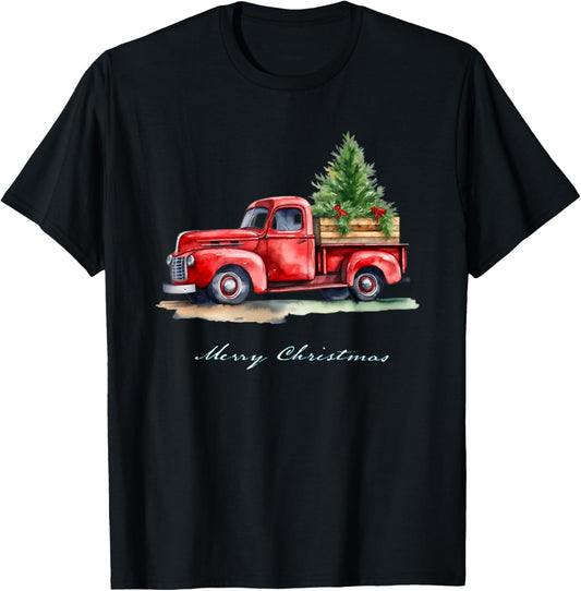 Funny Classic Red Vintage Wagon Truck Christmas Tree Design T-Shirt - T-Shirt | Black