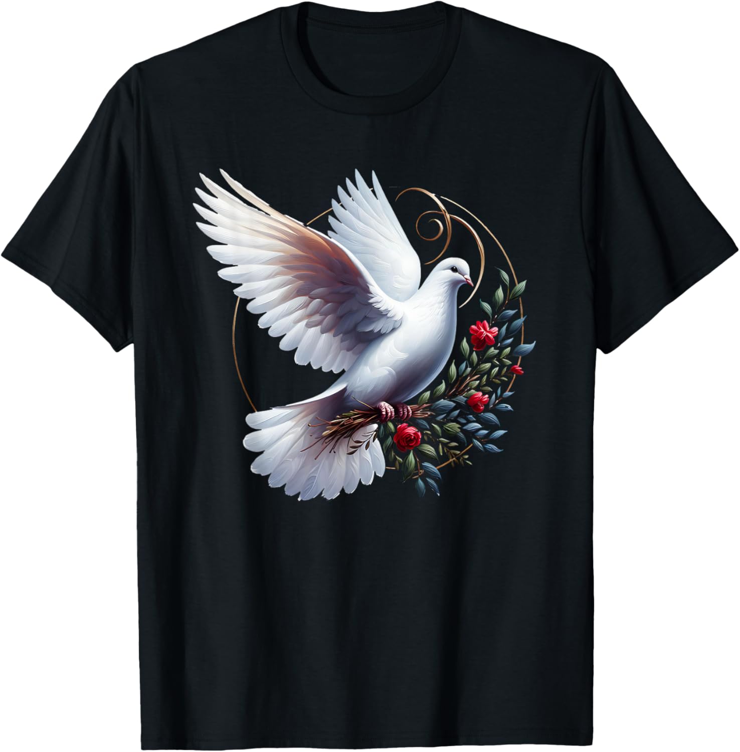 Elegant Flight of the Peaceful White Dove Bird Floral Art T-Shirt - T-Shirt | Black