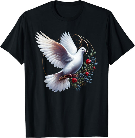 Elegant Flight of the Peaceful White Dove Bird Floral Art T-Shirt - T-Shirt | Black