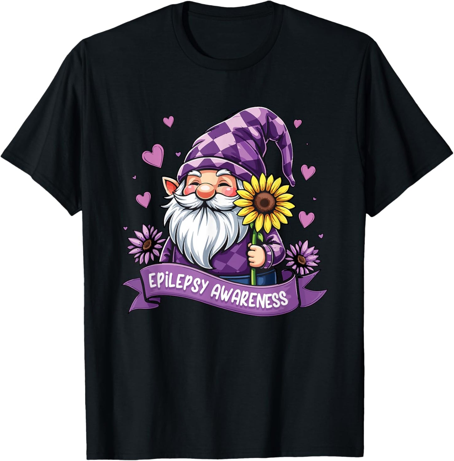 Gnome One Fights Alone Epilepsy Awareness Purple Ribbon T-Shirt - T-Shirt | Black