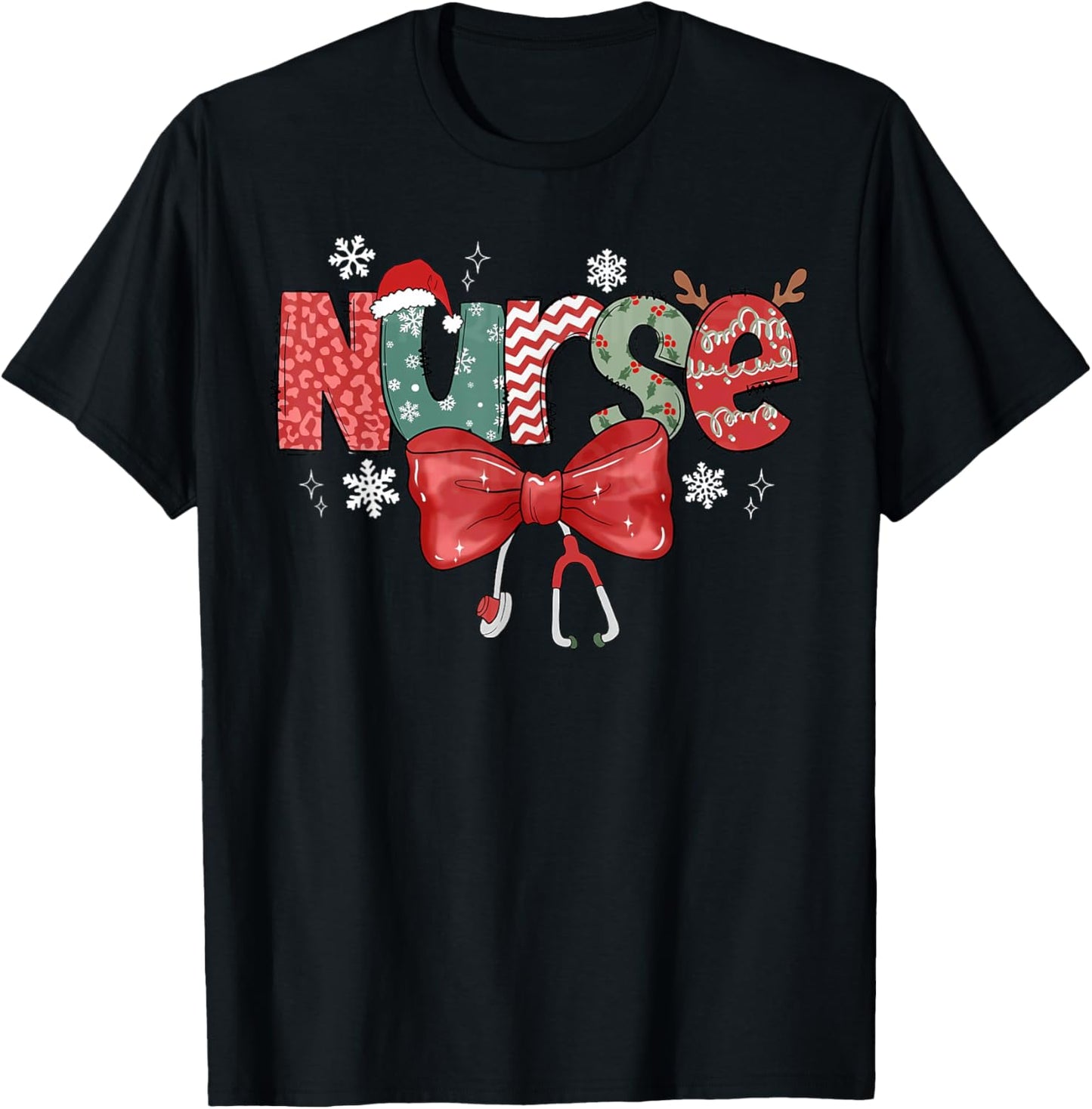 Nurse Christmas Stethoscope Coquette Bow Pajamas Holiday T-Shirt - T-Shirt | Black
