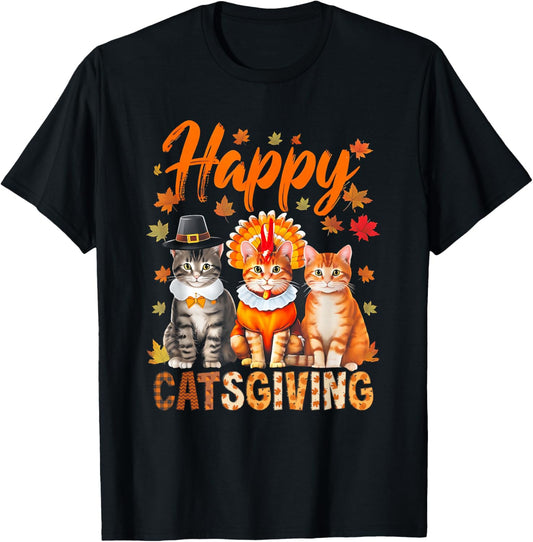 Happy Catsgiving Cute Thanksgiving Cat Wears Pilgrim Hat T-Shirt - T-Shirt | Black