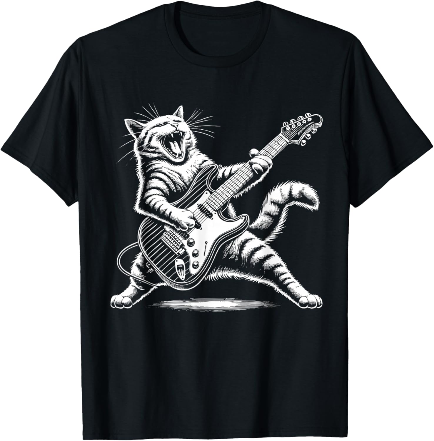 Cat Playing Guitar Rock Funny Kids Rock and Roll T-Shirt - T-Shirt | Black