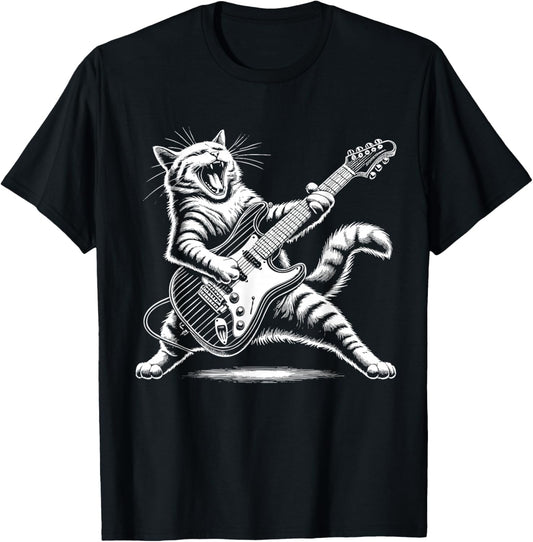 Cat Playing Guitar Rock Funny Kids Rock and Roll T-Shirt - T-Shirt | Black