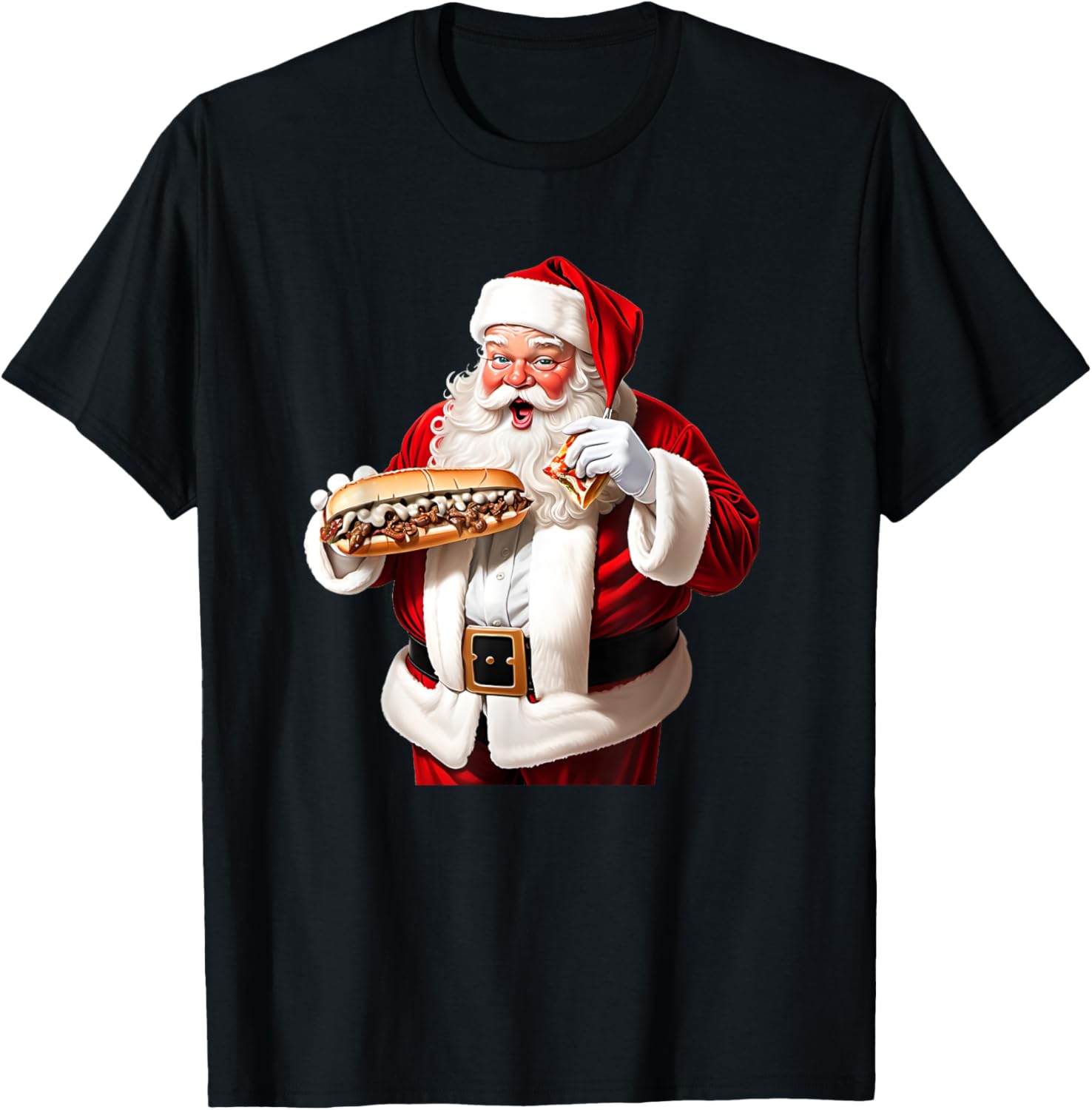 Santa Claus Eating a Philly Cheesesteak on Christmas Eve T-Shirt - T-Shirt | Black