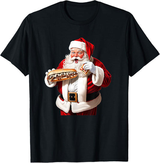 Santa Claus Eating a Philly Cheesesteak on Christmas Eve T-Shirt - T-Shirt | Black