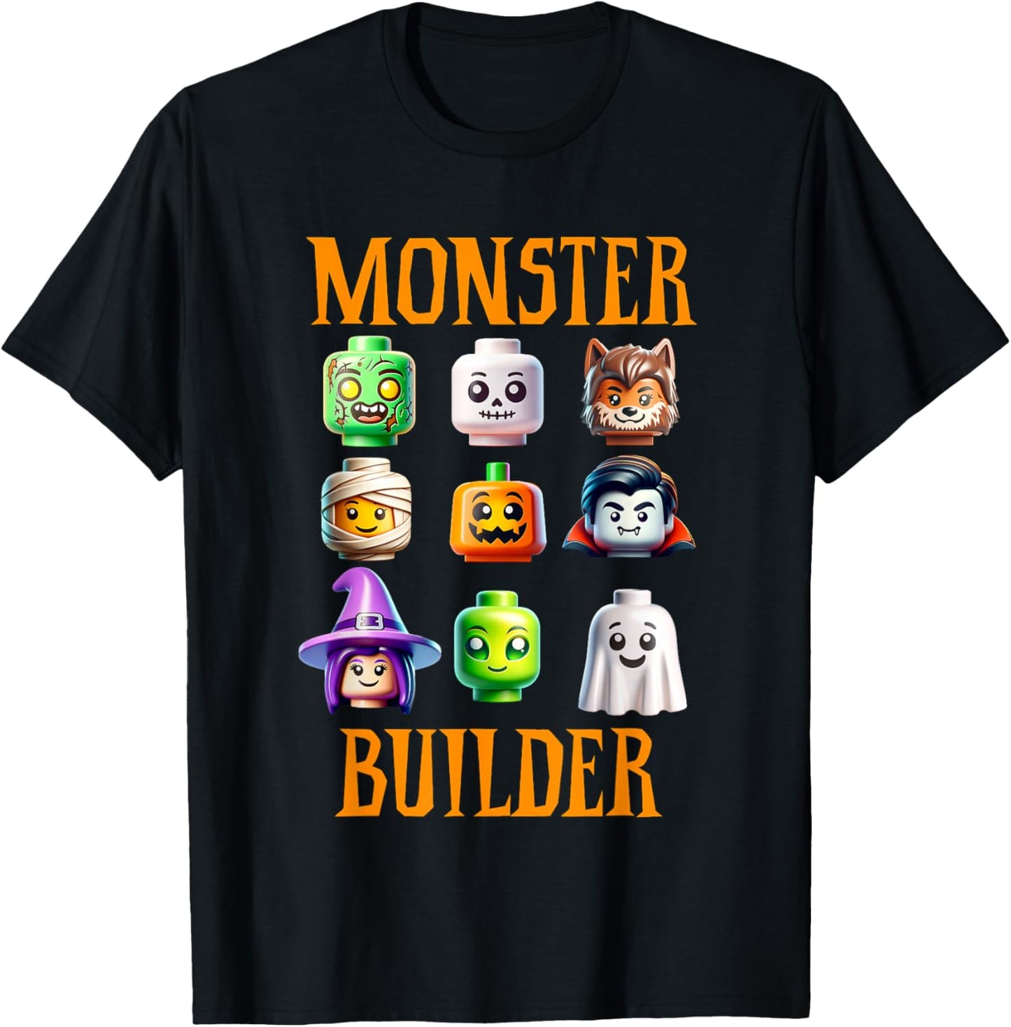 Halloween Buillding Brick Head Monster Builder Boys Kids T-Shirt - T-Shirt | Black