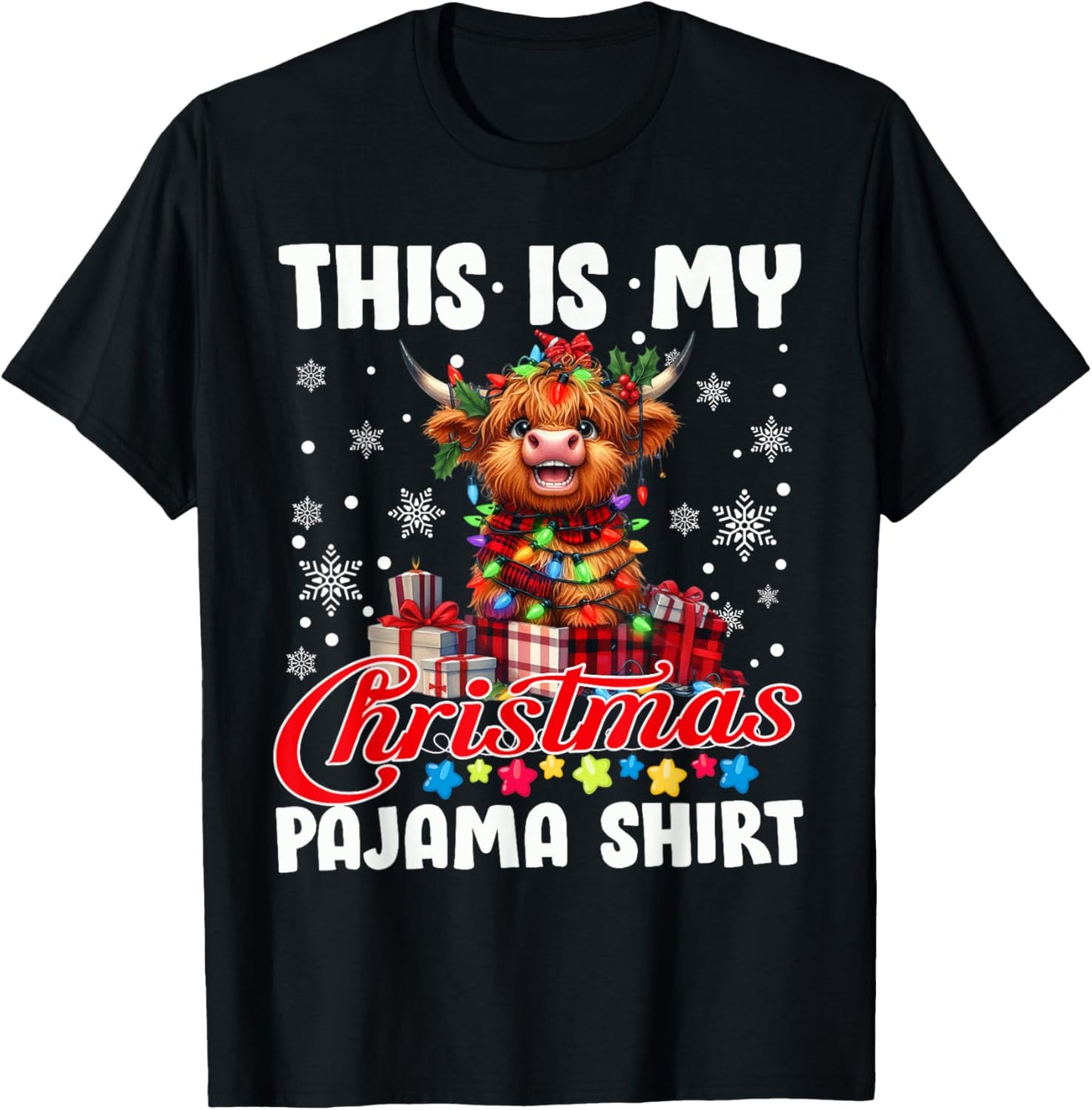 This Is My Christmas Pajama Santa Highland Cow Christmas T-Shirt - T-Shirt | Black