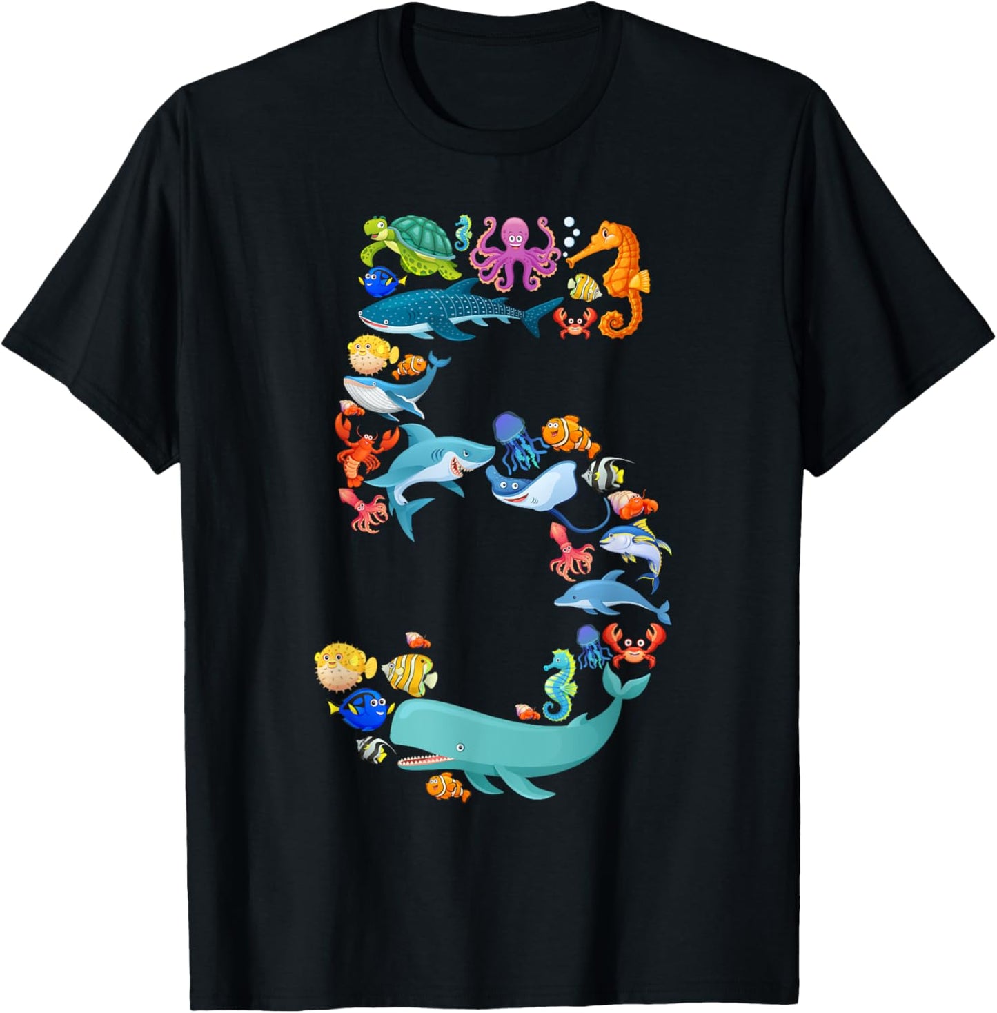 Fun Kids 5th Birthday Sea Animals Theme 5 Year Old Boy T-Shirt - T-Shirt | Black