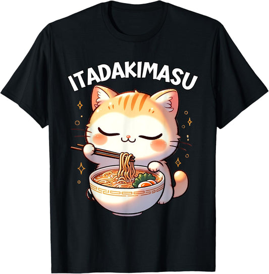 Ramen Cat Kawaii Anime Cat Ramen Lover Itadakimasu T-Shirt - T-Shirt | Black