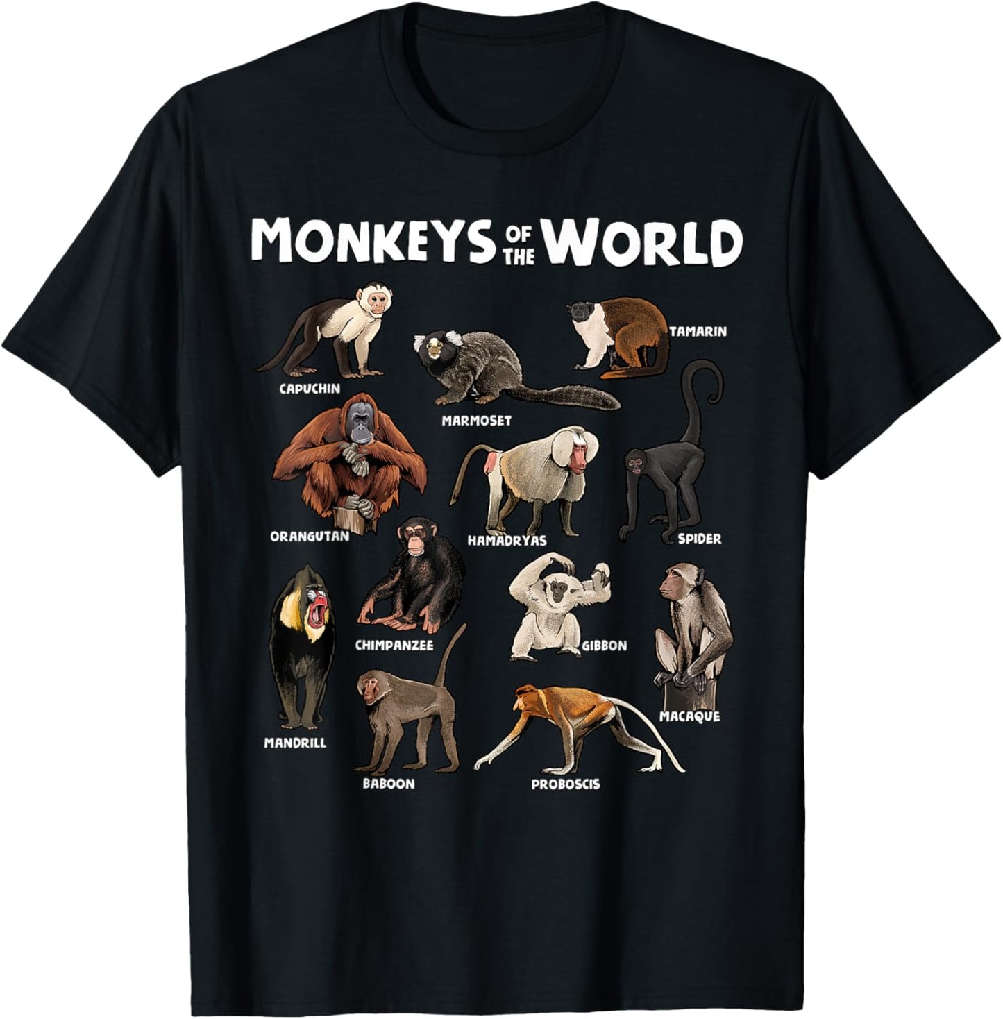 Monkeys of the World Realistic Animal Species Design T-Shirt - T-Shirt | Black