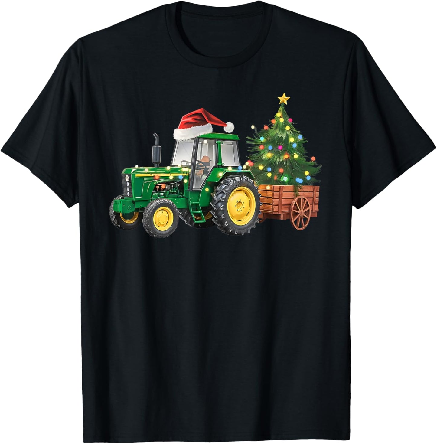 Christmas Farm Tractor Tree Lights Santa Hat Xmas Farmer T-Shirt - T-Shirt | Black