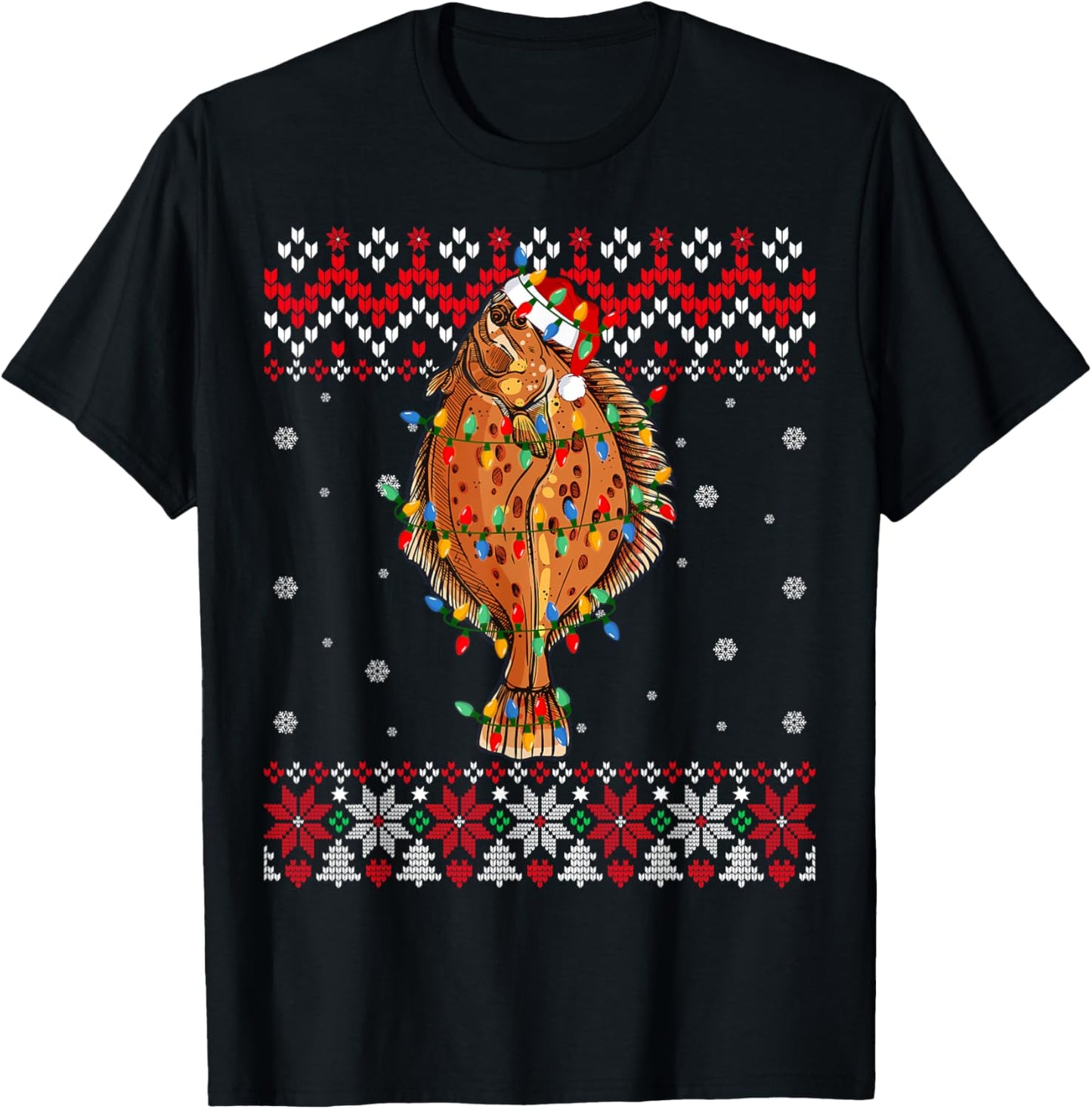 Flounder Fish Santa Hat Men Women Kids Ugly Christmas Light T-Shirt - T-Shirt | Black