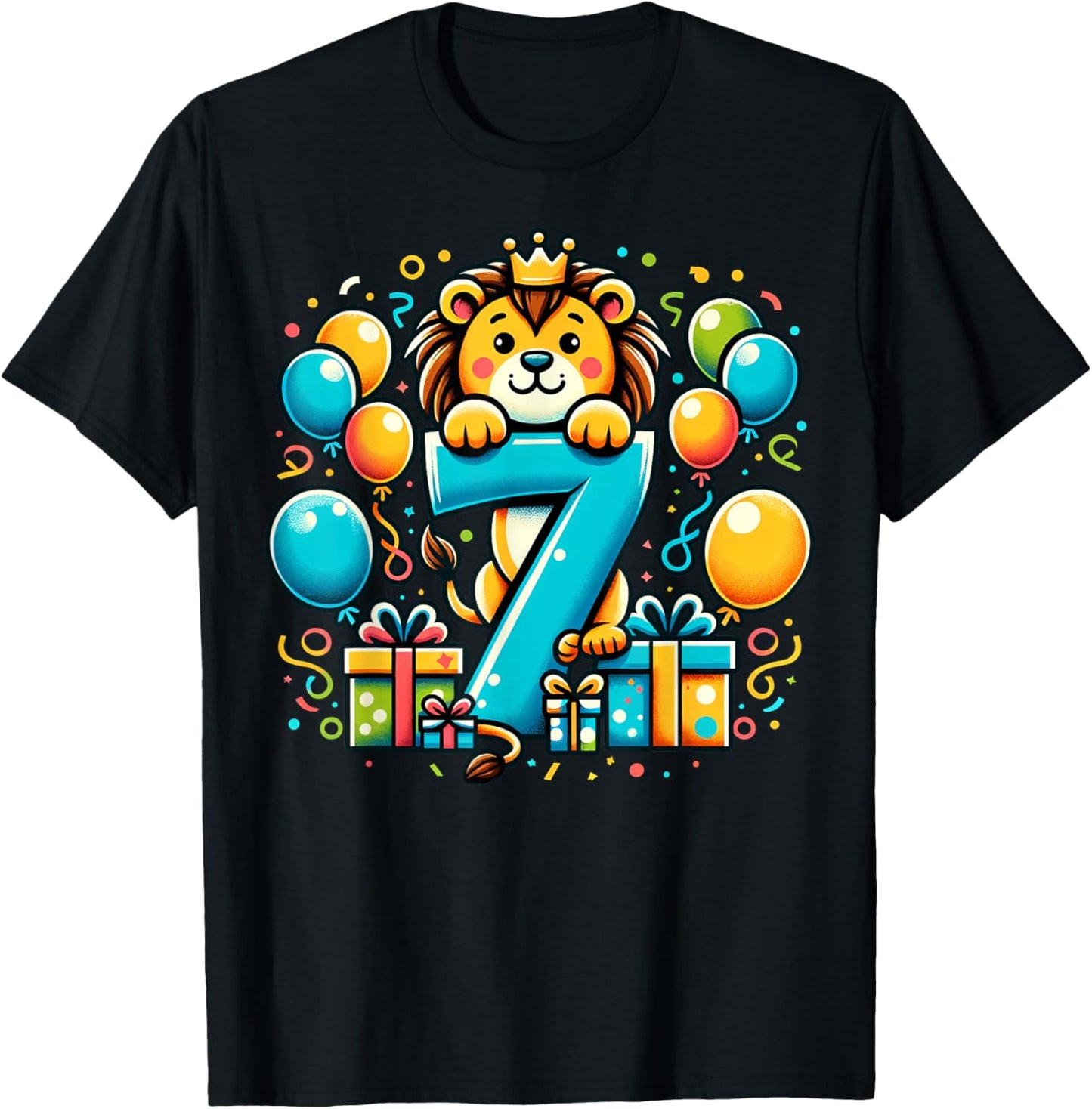 Lion 7th birthday boy girl 7 years old seventh seven Lion T-Shirt - T-Shirt | Black