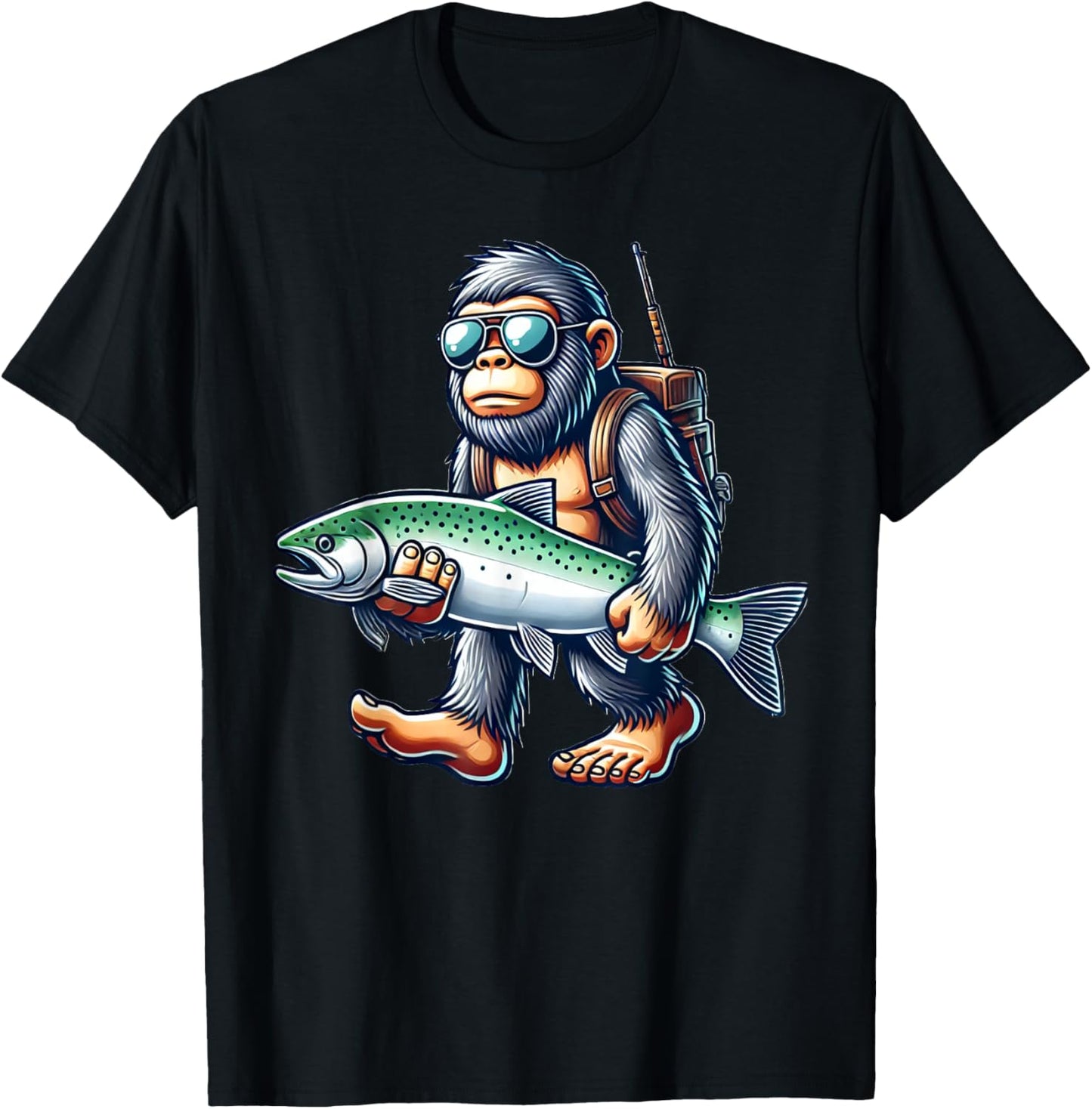 Fishing Bigfoot Lover Gift Co. Steelhead Fishing Bigfoot Trout River -Adults & Kids , Black, Small, Short Sleeve T-Shirt - T-Shirt | Black