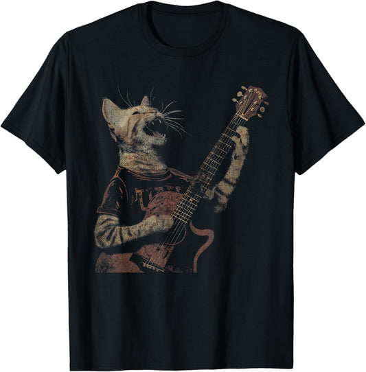 Funny Cat Guitar - Rock and Roll Music Band Concert Vintage T-Shirt - T-Shirt | Black