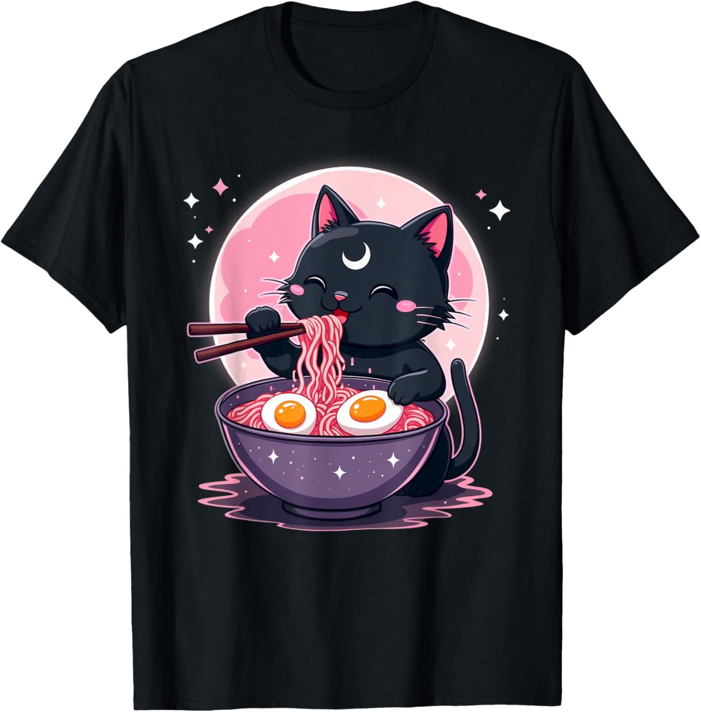 Pastel Goth Aesthetic Kawaii Creepy Cat Eating Ramen Noodles T-Shirt - T-Shirt | Black