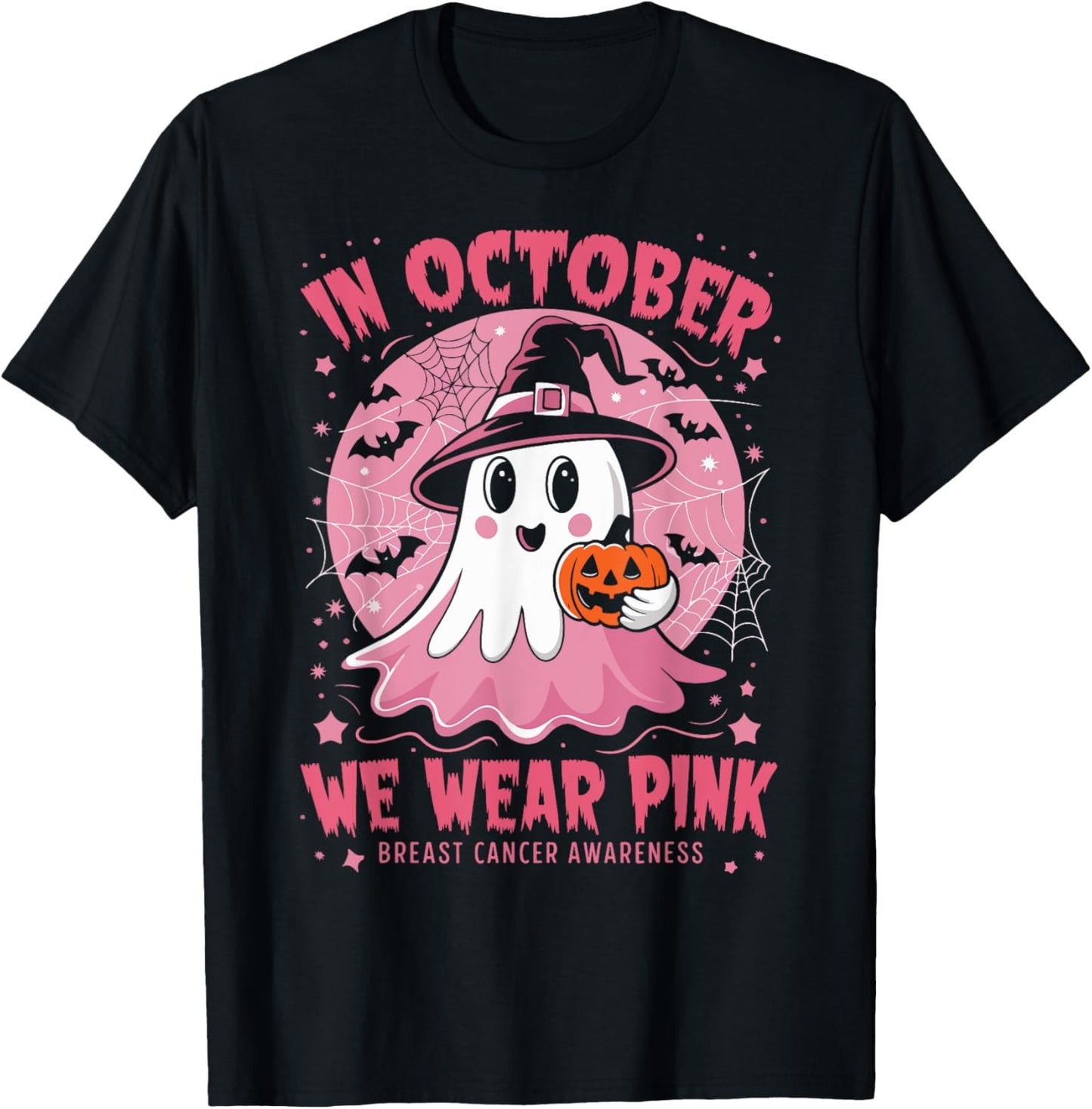 In October We Wear Pink Breast Cancer Awareness Women Ghost T-Shirt - T-Shirt | Black