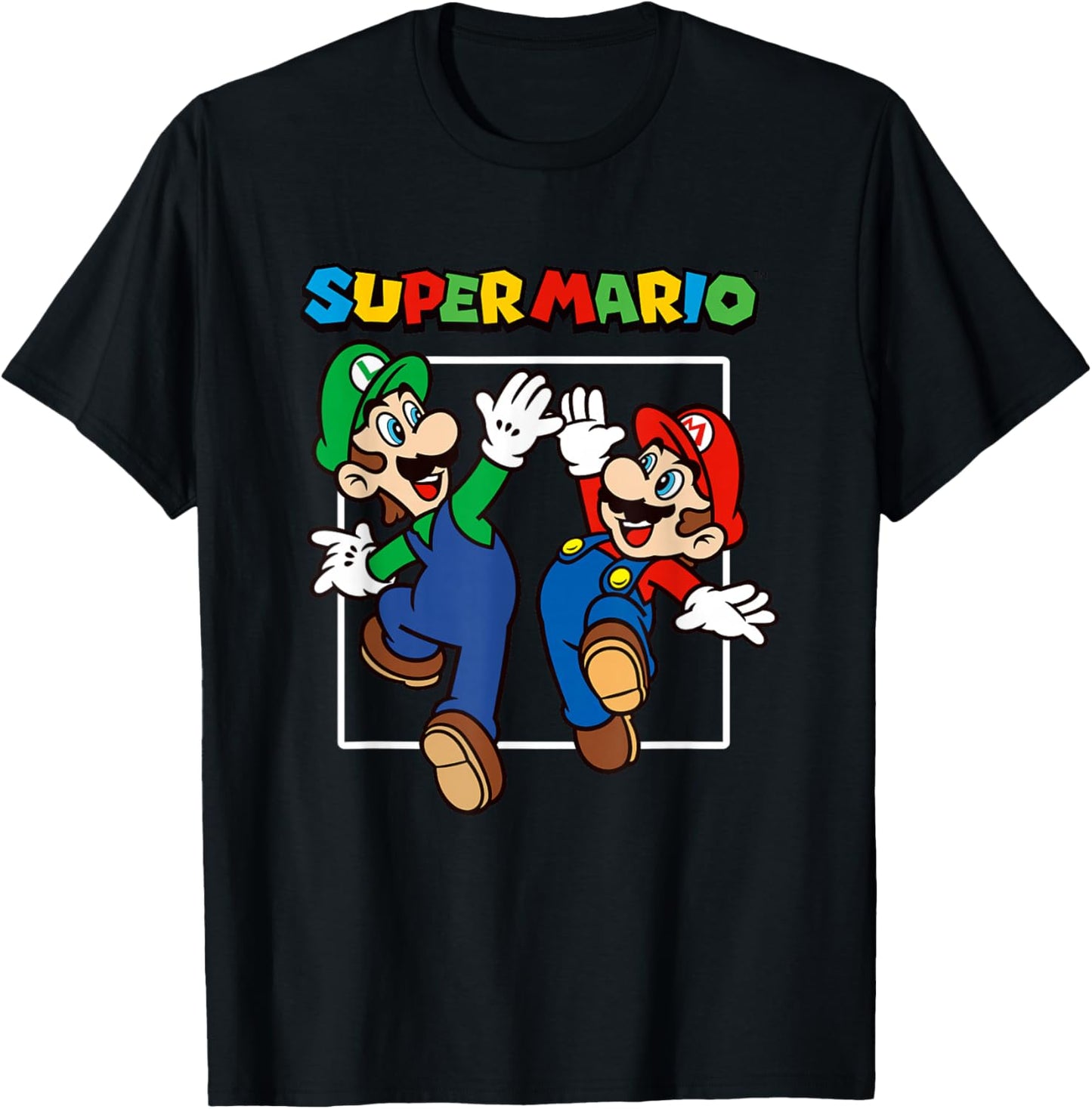 Super Mario Bros Big Jump High Five Retro Portrait T-Shirt - T-Shirt | Black